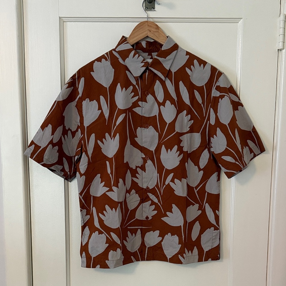 Sandro Brown and Gray Leaf Pattern Shirt